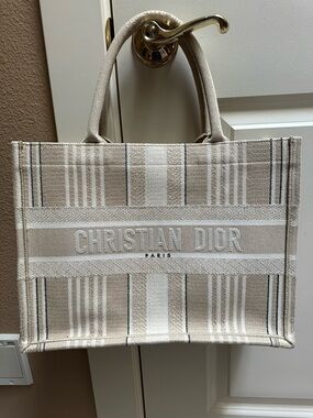 Authentic Christian Dior Beige and White Canvas Book Tote, Medium size